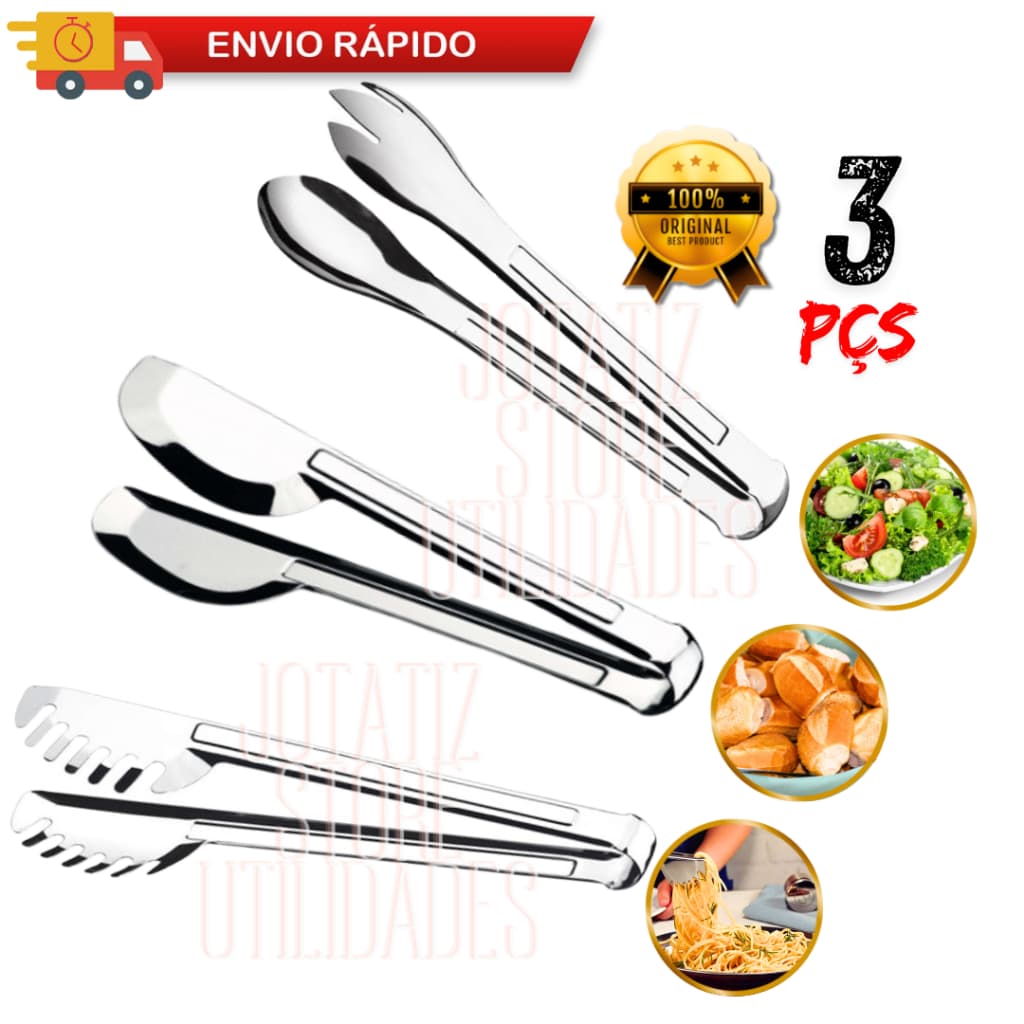 Kit 3 Peças Pegadores Utensílios De Cozinha Inox Frios Gelo Pinça Pegadora Salgado Lanche Salada Alface Fruta Pão Massas