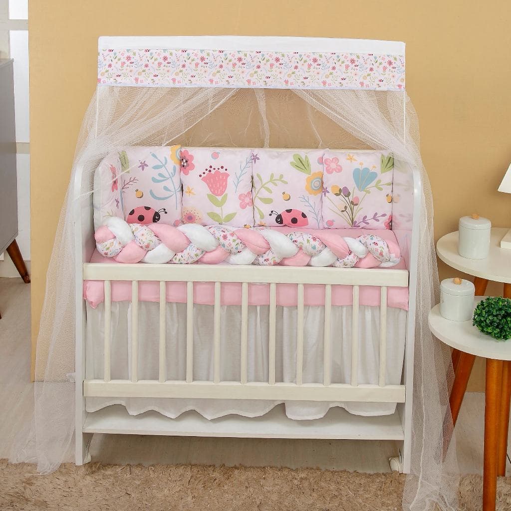 Kit Mini Berço com 12 peças + Saia de Berço Bebê Menina Flores
