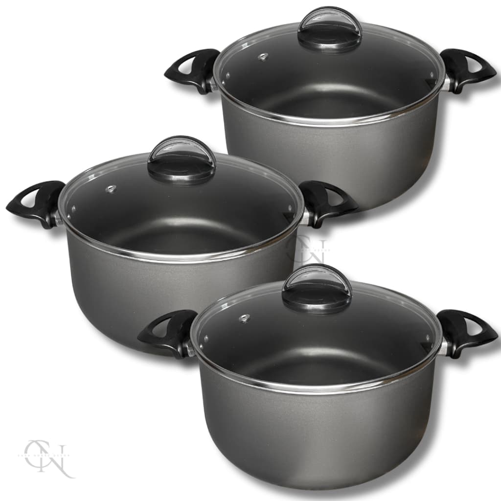 Kit Jogo 3 peças Panelas Caçarolas 16 18 e 20 cm Antiaderente 5 camadas Teflon com Tampa de Vidro Cor Grafite
