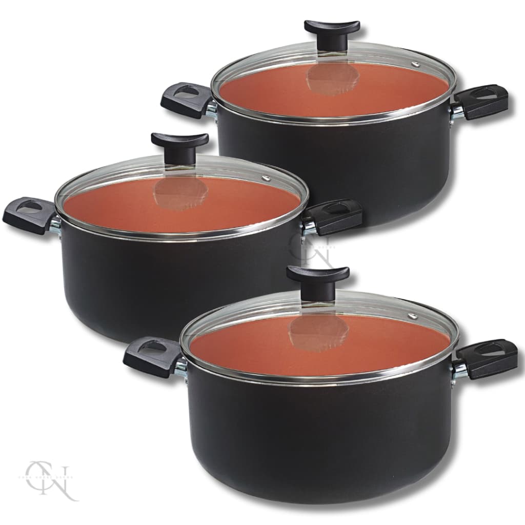 Kit Jogo 3 Peças Panelas Caçarolas 16 18 e 20 cm Antiaderente 5 Camadas de Teflon com Tampa de Vidro Cor Preto com Cobre