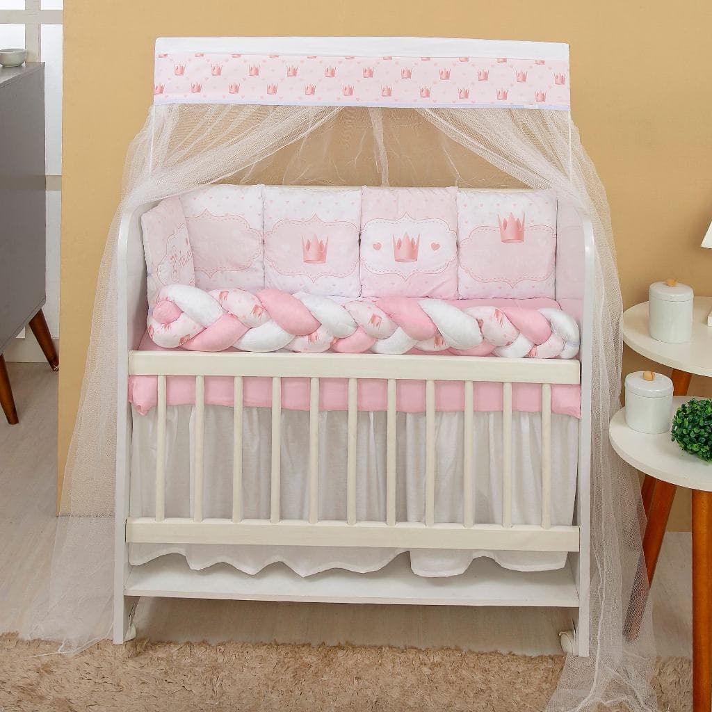 Kit Mini Berço com 12 peças + Saia de Berço Bebê Menina Realeza Rosa