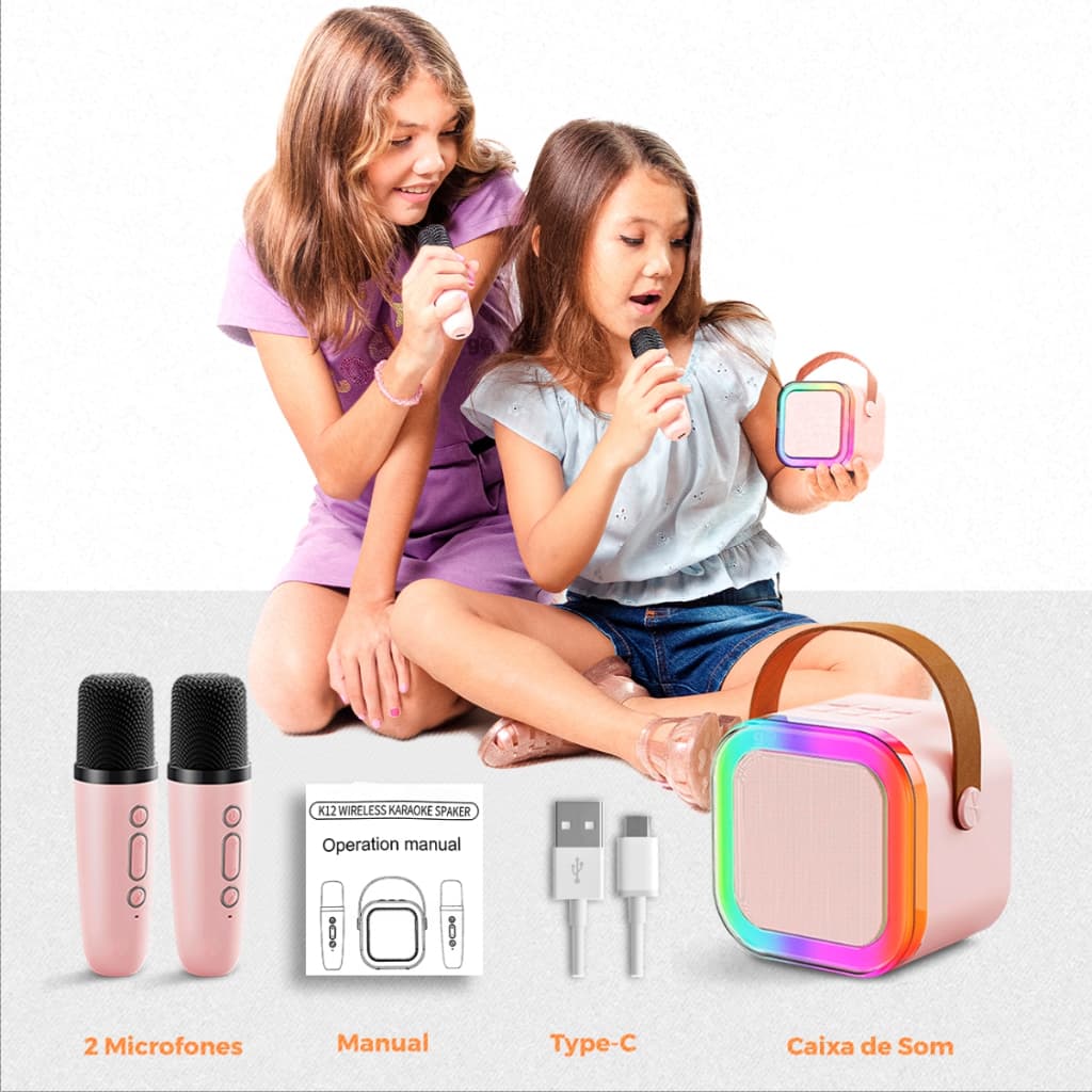 Karaokê Infantil Usb Caixinha Som Bluetooth Led 2 Microfones
