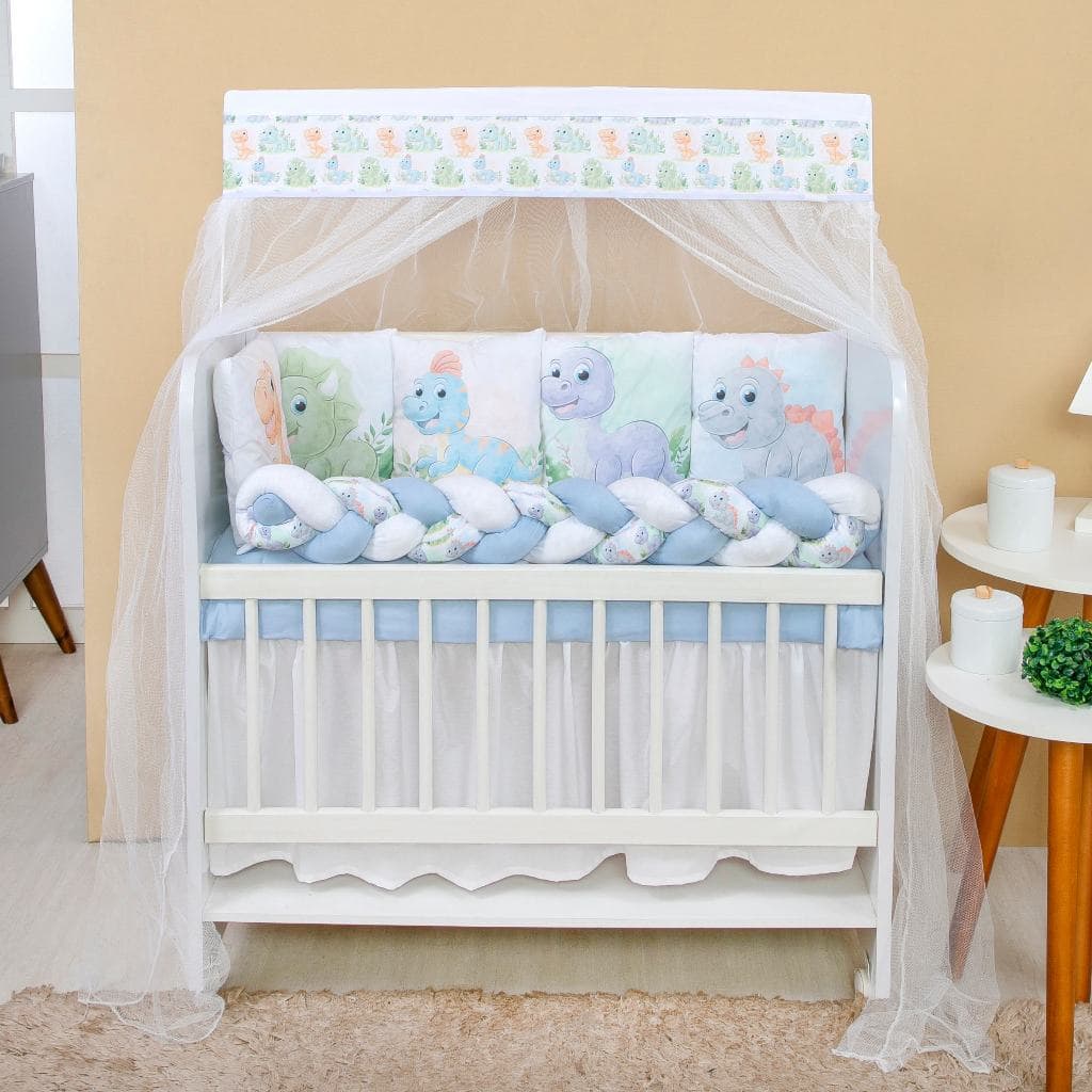Kit Mini Berço com 12 peças + Saia de Berço Bebê Menino Dino Baby