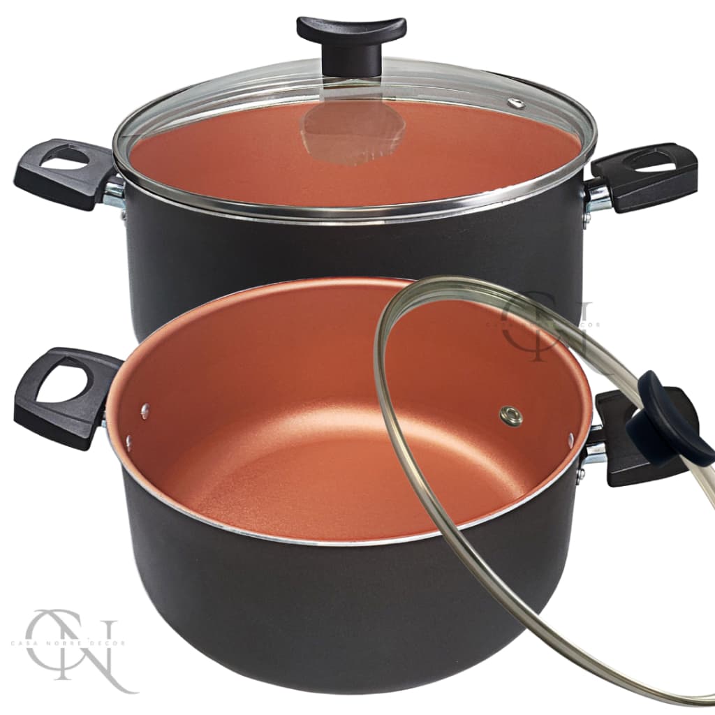 Kit Jogo Panela Plus 2 peças Tamanho Grande 22 e 24 cm Antiaderente Tampa de Vidro Cor Preto e Cobre