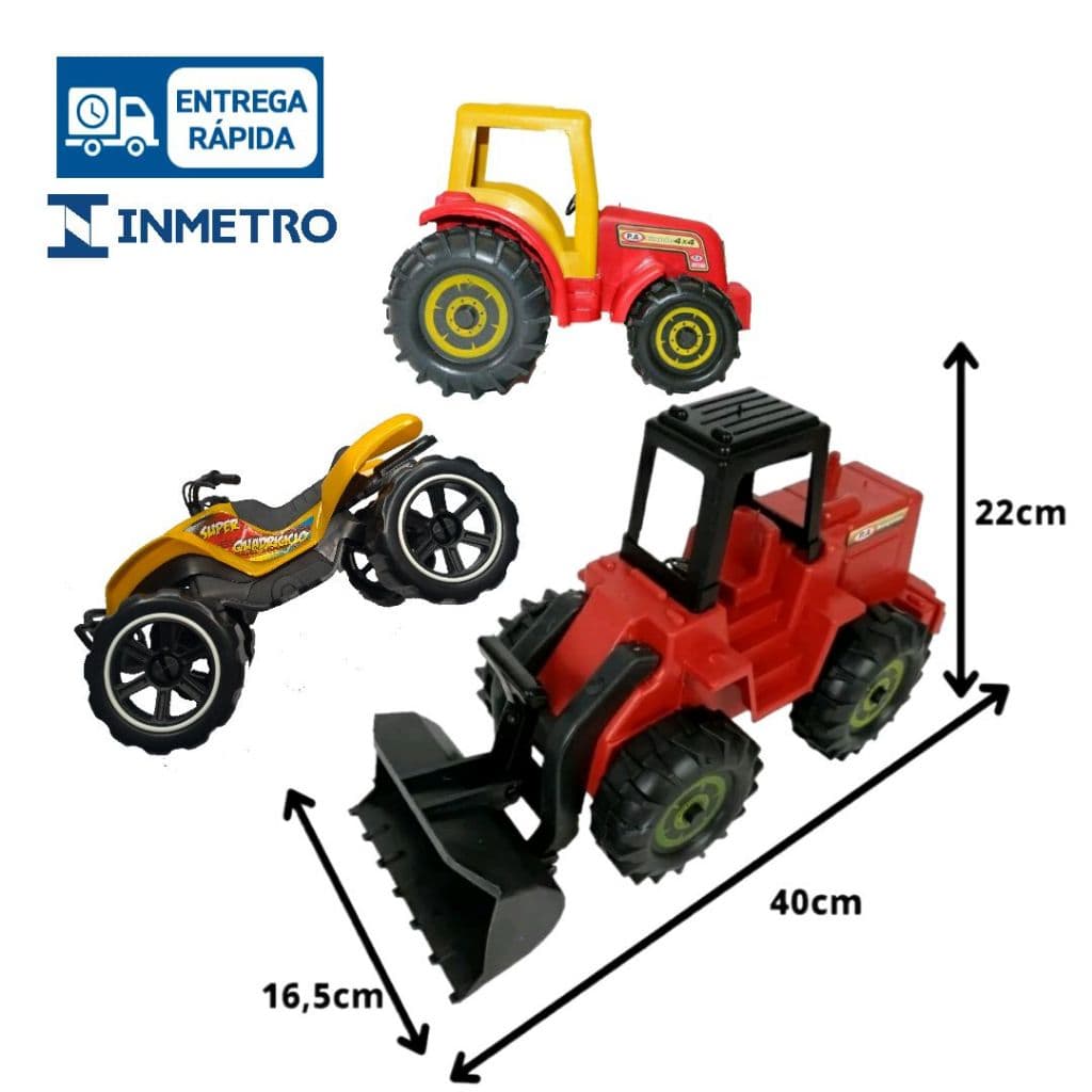 Kit 3 Brinquedos Retroescavadeira Grande + Quadriciclo + Trator Carrinho Articulável Grande praia Infantil