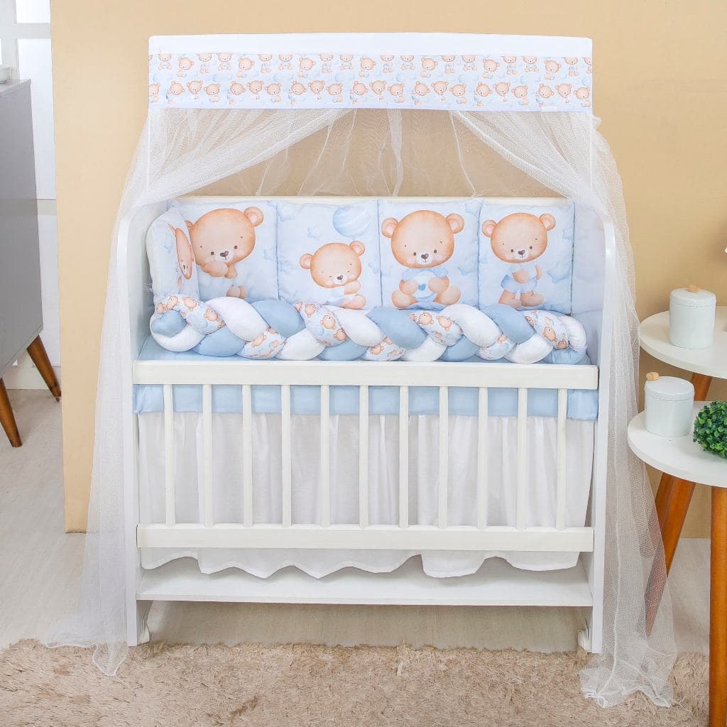 Kit Mini Berço 12 peças com Saia de Berço Bebê Menino Ursinho Azul