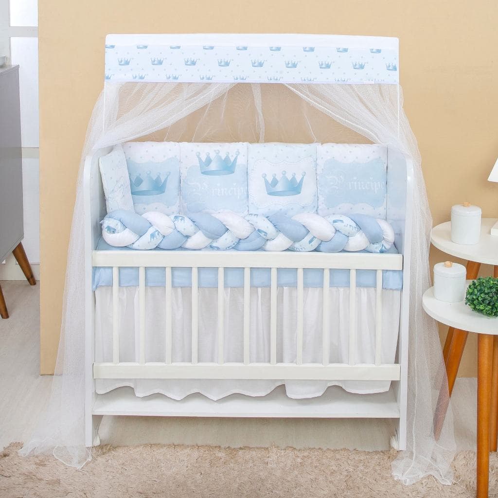 Kit Mini Berço com 12 peças + Saia de Berço Bebê Menino Realeza Azul