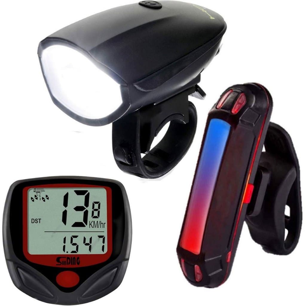 kit Sinalizador Traseiro Azul e Vermelho + Velocímetro Digital Bike A Prova D'agua Com Fio 15 Função R-51 + Farol Lanterna com buzina para bike