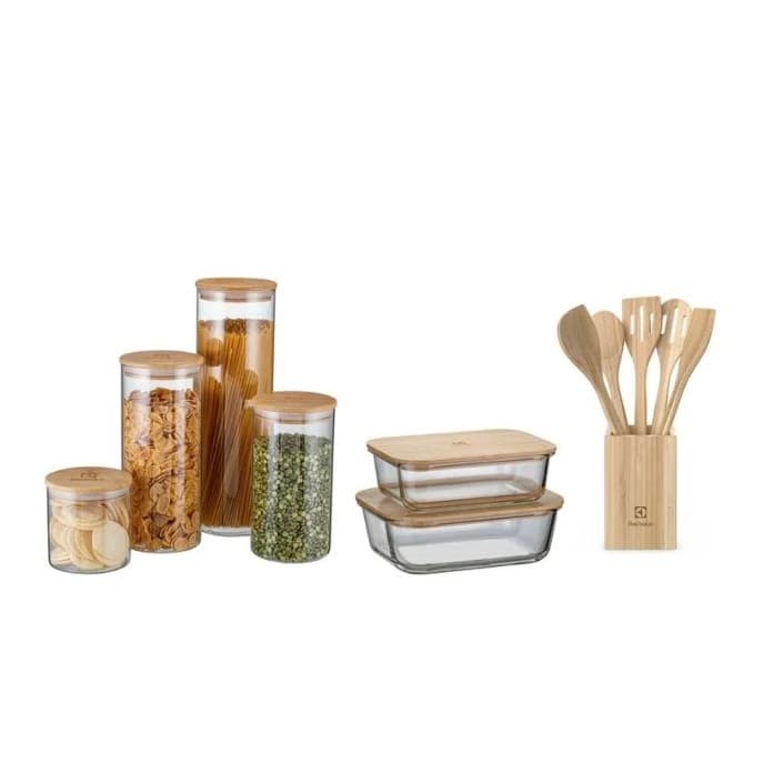 kit Potes Herméticos Porta-Mantimentos + Potes Herméticos Refratários com Tampa de Bambu Utensílios de Bambu Electrolux