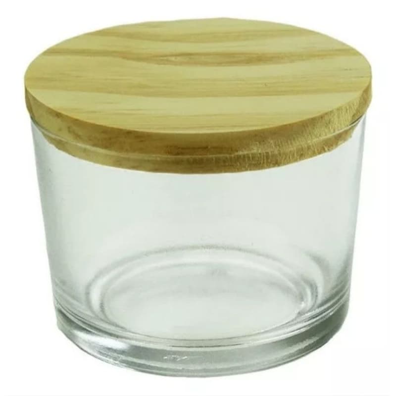 5-copos pate de vidro 150ml c/tampa madeira encaixe p/vela