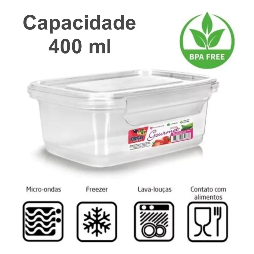 Kit 6 Marmitas Fitness 400ml Para Freezer E Microondas Potes Plásticos com Trava Hermético Livre BPA