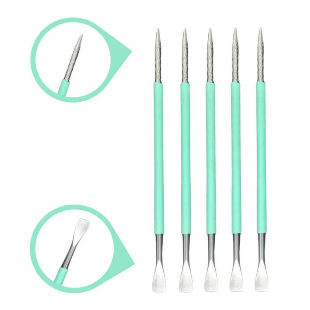 Palito de unha e espatula -  Kit 5 Palito Duplo 104 Cutícula Manicure Pedicure verde Silicone Inox
