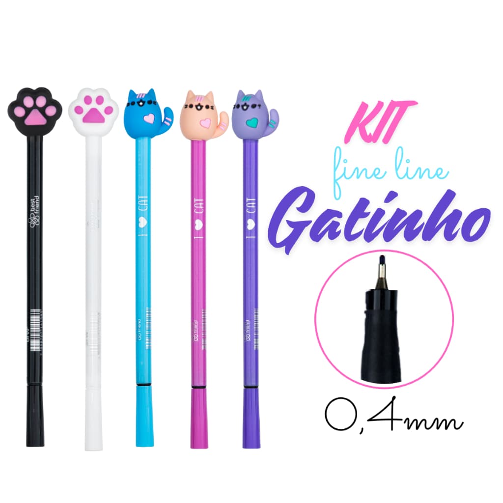 Kit Canetas Fofas Gatinhos Fineliner Ponta Fina 4.0mm
