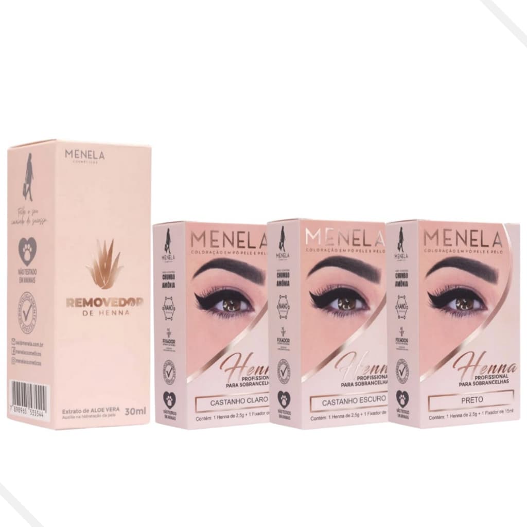 Menela, Kit 3 Cores Henna Sobrancelha 2,5 G + Removedor Henna - Escolha o Seu