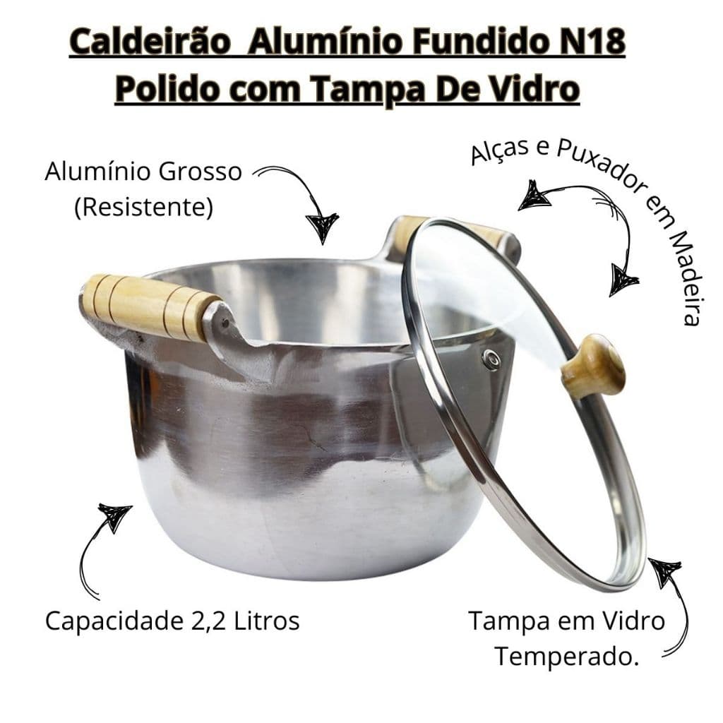 Diviforte Caldeirão de Alumínio Polido 18cm com Tampa de Vidro Puxador de Madeira - Tacho pequeno Caldos Panela RESISTENTE