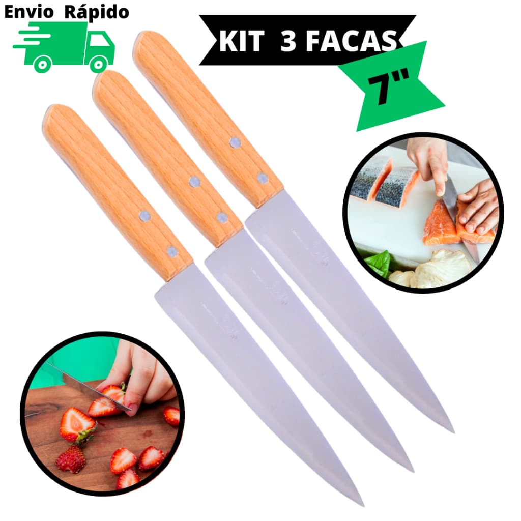 Kit 3 Faca De Cozinha 7'' Aço Inox Do Chef 30CM Com Cabo De Madeira SQ Para Cortes Para Restaurante Churrasco Cozinha