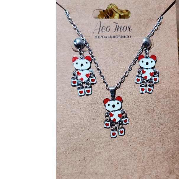 Conjunto Infantil De Colar e Brinco Ursinho Em Aço Inox - Hipoaleriênico- Não escurece