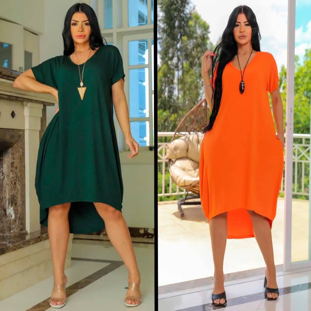 Vestido Saruel Midi Blogueira Manga Com Bolsos Moda Feminina