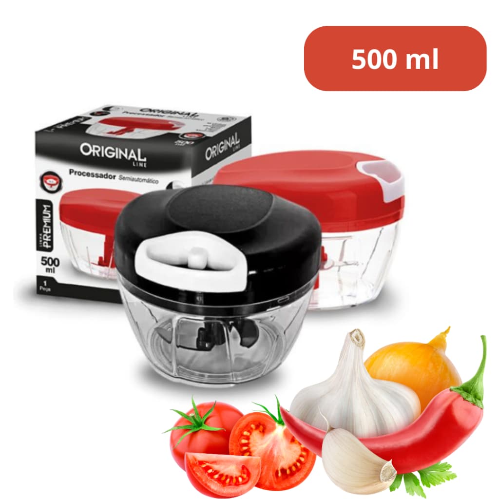 Processador 3 Lâminas Manual 500ml 12X9CM Alimentos Alho Frutas Cogumelos Multiuso Triturador Multicolorido