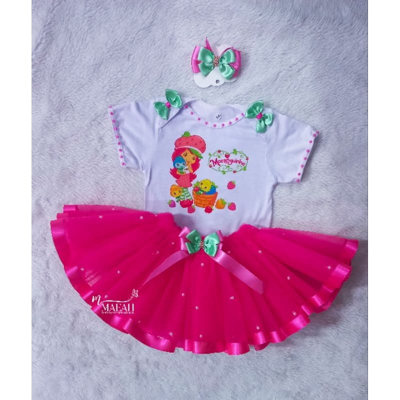 Fantasia Moranguinho Adulto e Infantil 6,8,10 e 12 Anos Conjunto Completo Camiseta Saia de Tutu e Laço de Cabelo
