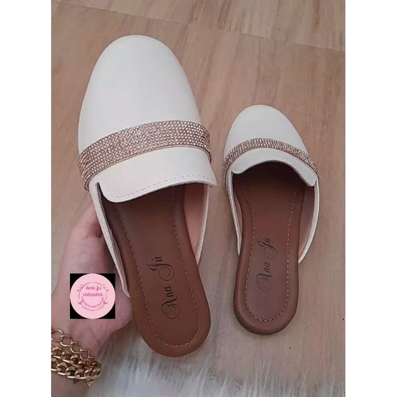 Mules Bico redondo confortavel macia brilho rasteira chinelo