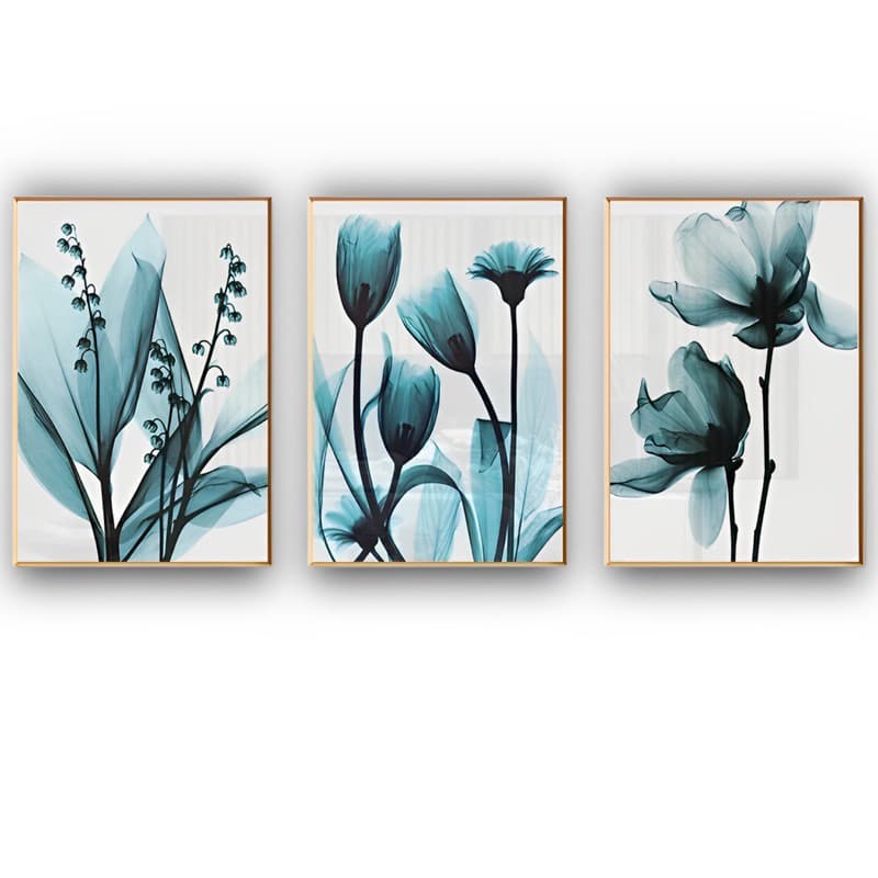 Quadros Decorativos 3 peças Flores Azul Pintura