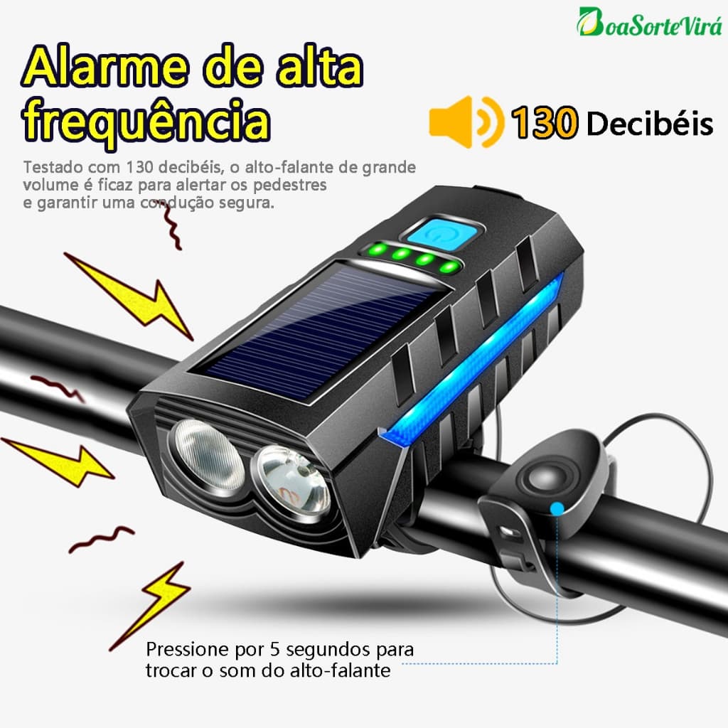 Kit Lanterna Farol Com Buzina T6 LED Bicicleta 4 Em 1 Recarregável Energia Solar Celular Power Bank