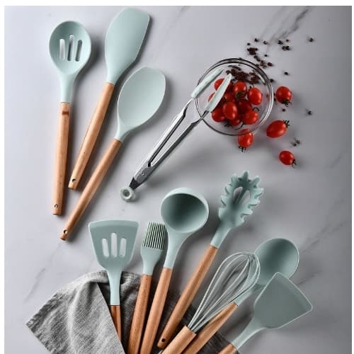 Jogo Kit C/12 Peças Silicone, Utensílios e Copo Suporte para Cozinha Cabo de Madeira LUCKYHERE