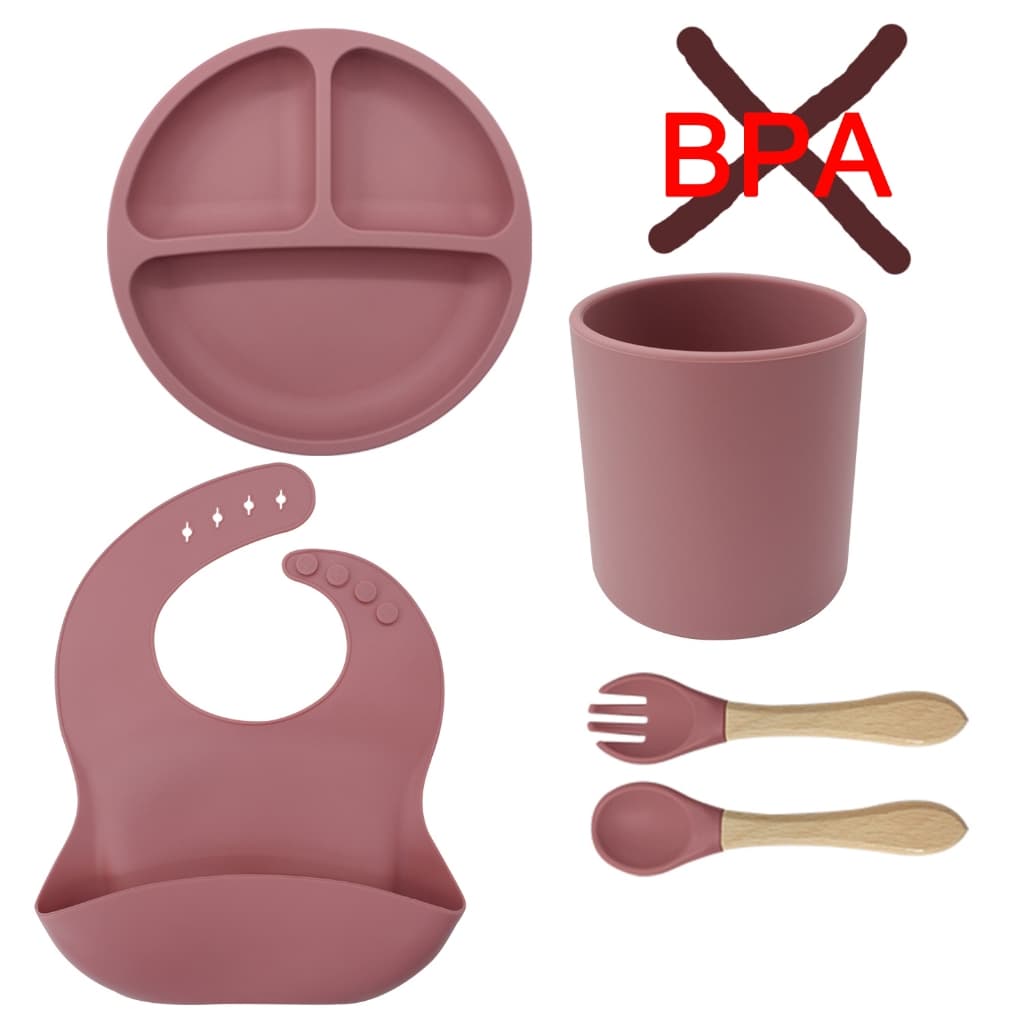 5 PCS/Conjunto Talheres do Bebê Prato De Jantar De Silicone Para Bebês Com Tigela De ventosa Cup Bibs Colher kit