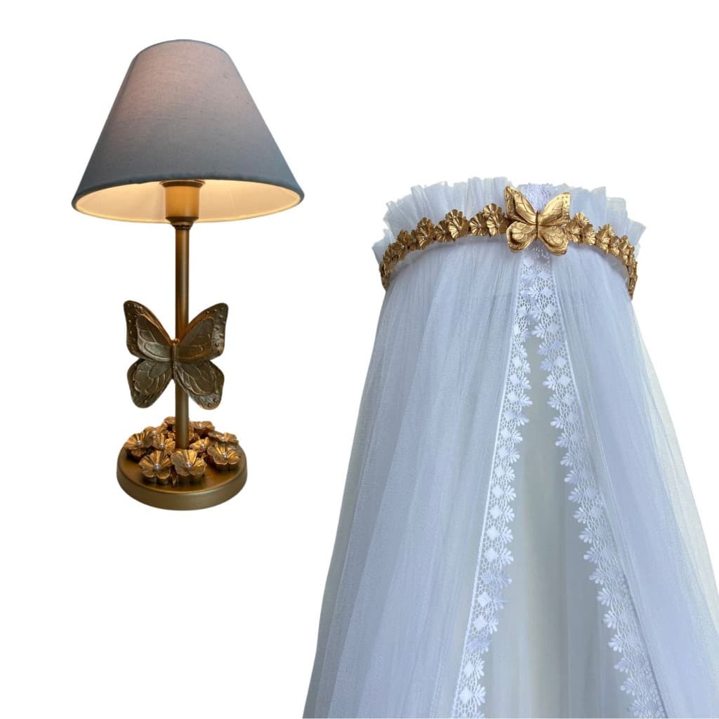 Kit Luxo Bebe Quarto Menina Dossel e Abajur Flores e Borboleta Jardim Encantado