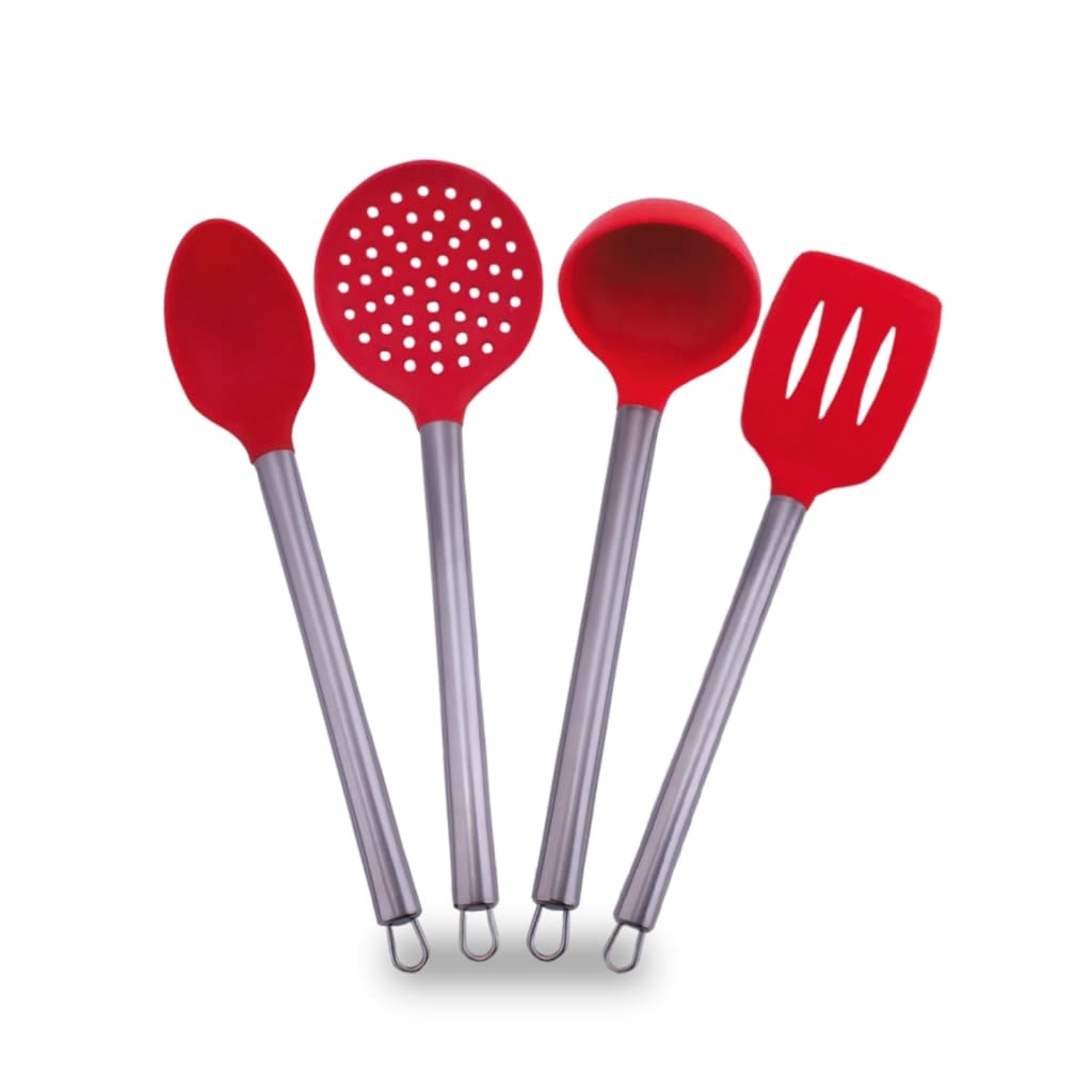 Kit 4 Utensílios De Silicone Cabo Inox Grande Vermelho Cozinha Class Home