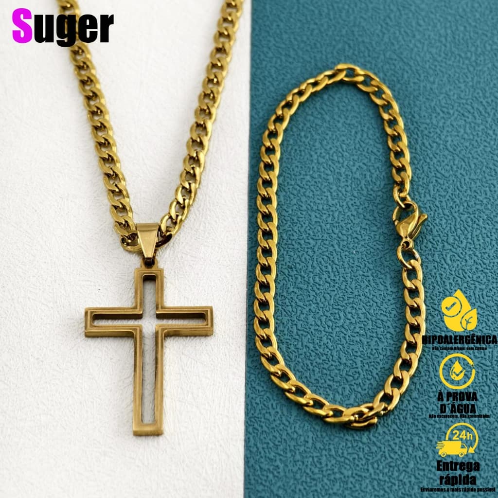 kit corrente pulseira Masculina cordão aço inox banhado Dourado colares masculinos com pingente de Cruz Aço Inoxidável 316L