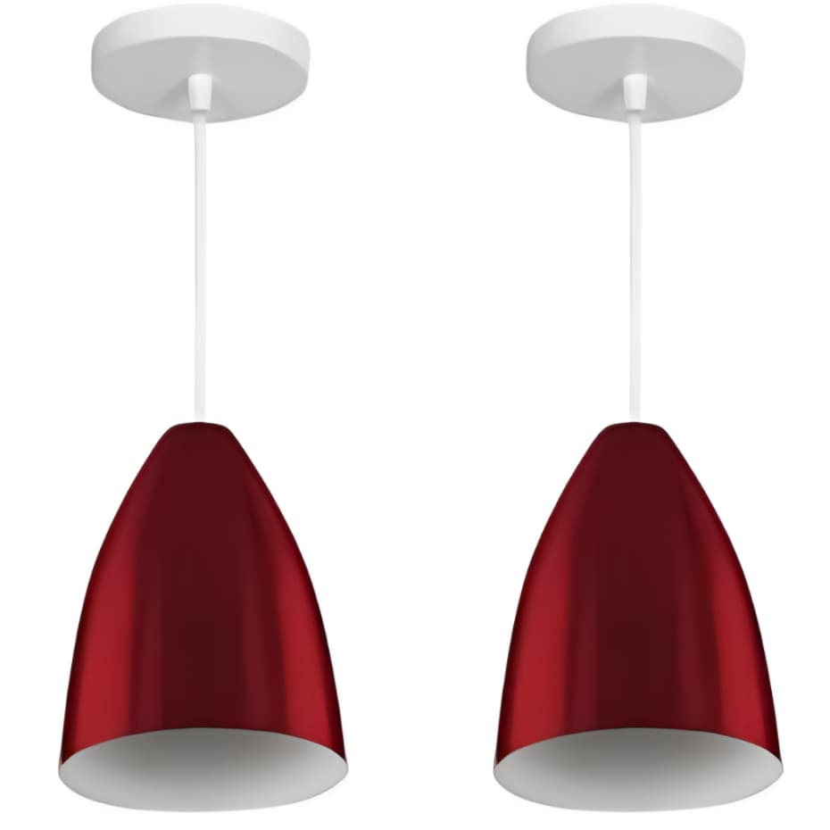 Novo Combo Kit com2  Pendentes Soft Cone Vermelho Cereja BrancoLuminária Alumínio Lustre 16Cm