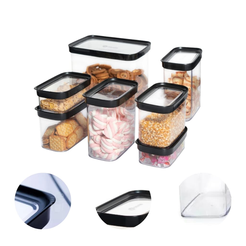 Kit 7 Potes Para Mantimentos Potes Herméticos Empilhaveis Com Tampa Preto Rosa Vermelho e Verde