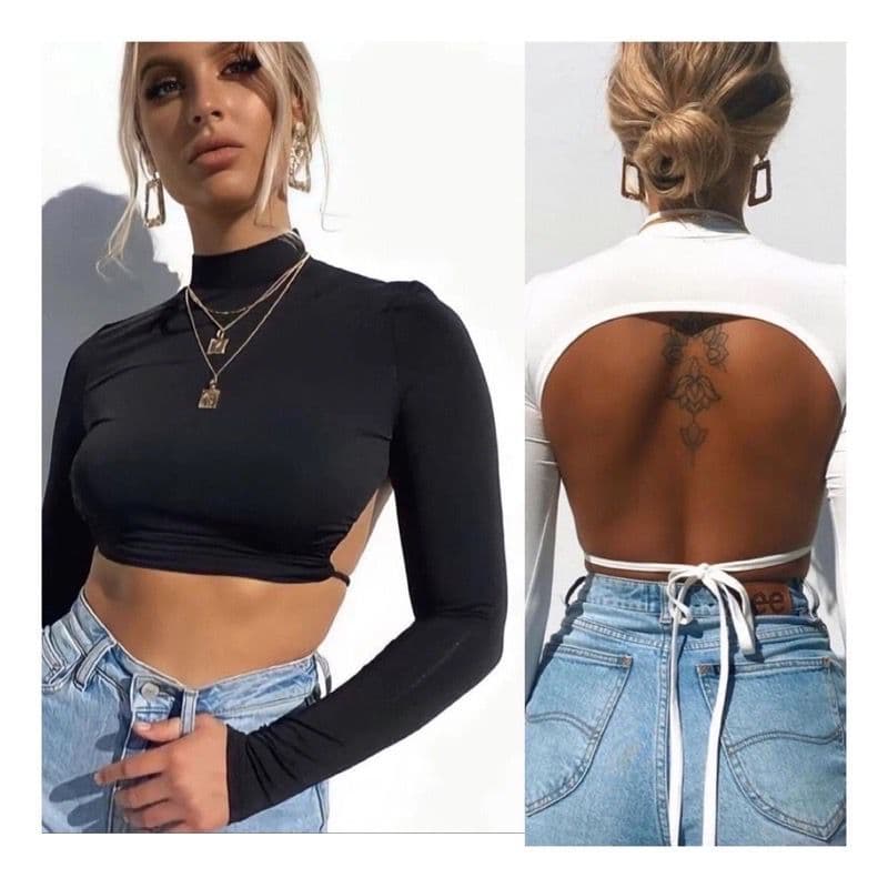 Cropped Manga Longa com Costa Nua Gola Alta Manga - Estiloso e Sensual para o Verão Outuno e Inverno
