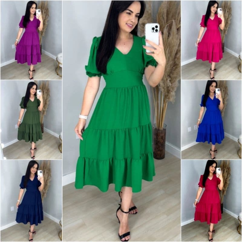 Vestido Feminino Midi Manga Princesa Três Marias Moda Evangélica Com Faixa Cinto Modelo Maya