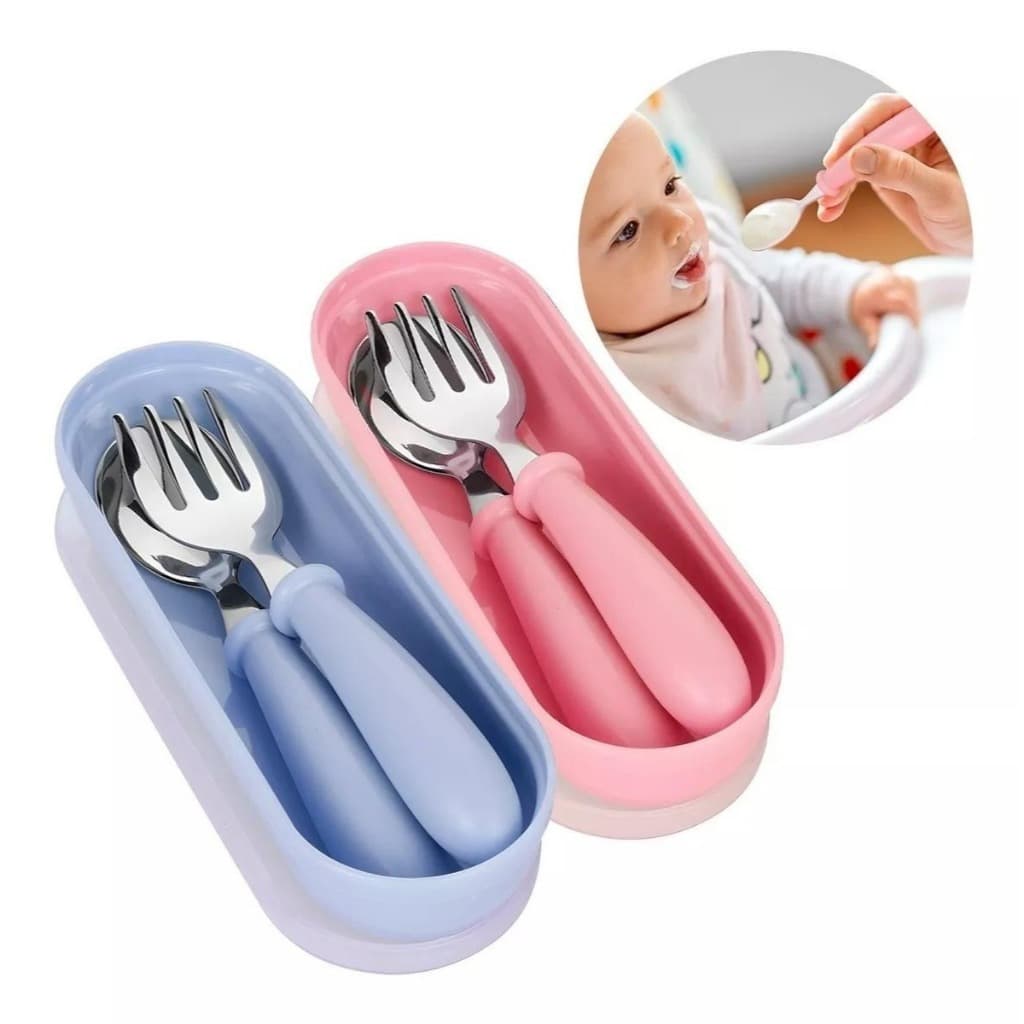 KIT 2 ESTOJOS talheres Infantil Aço Inox COLHER GARFO COM ESTOJO COM TAMPA KIT PAPINHA Bebe