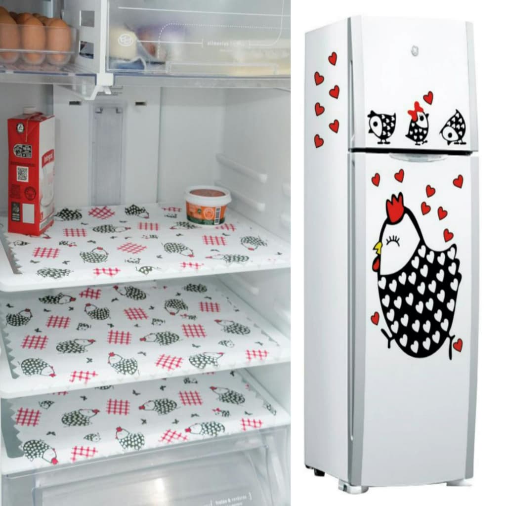 Kit Adesivo Decorativo +  3 Toalhas Para Geladeira Galinha Pintinhos Coração
