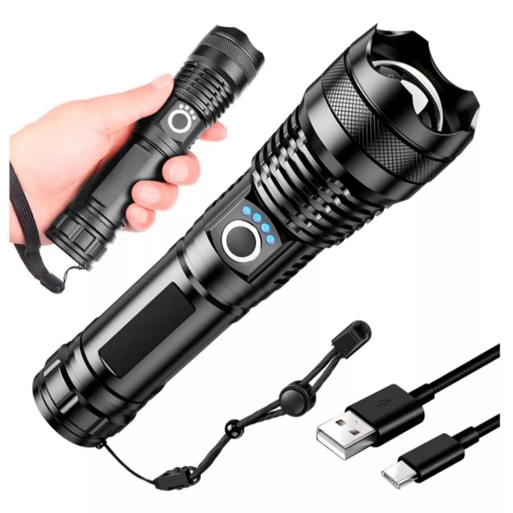 Lanterna Tática T9 Led Recarregável P50 USB Super Potente 1200 Lumens 3 Modos de Iluminação Zoom Longo Alcance Leve e Re