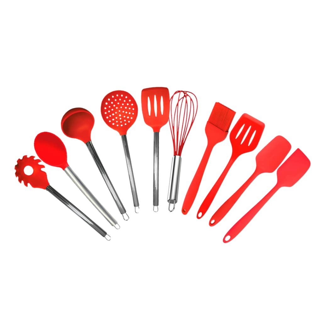 Jogo Kit Utensílios Para Cozinha Em Silicone Vermelho Com Cabo Inox 10 Peças Moderno Completo