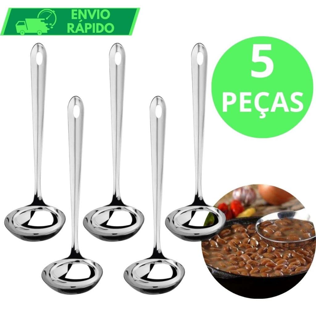 KIT 5 Concha de Feijão 100% Aço Inox GRANDE Ultra Resistente para Servir Molho Feijão Sopa Caldo Casa Restaurante Buffet