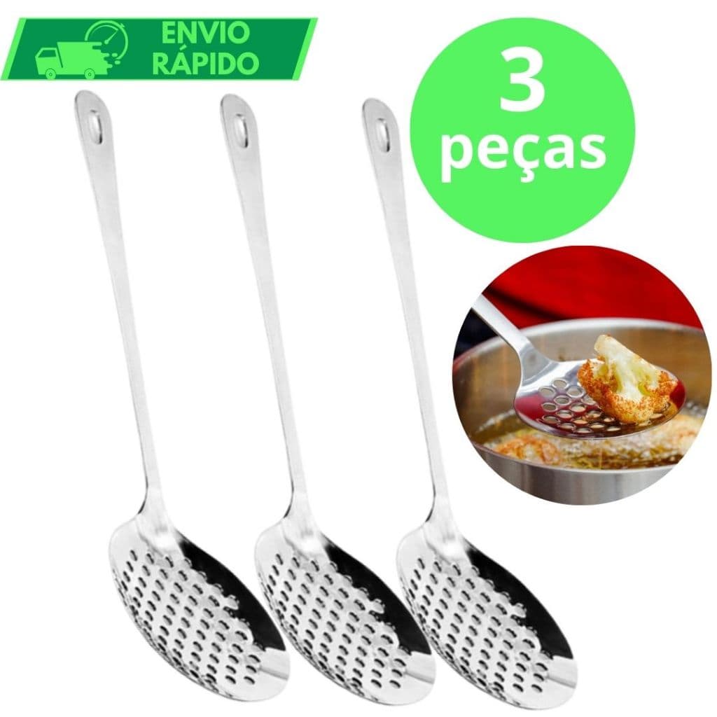 KIT 3 Escumadeira GRANDE Para Fritura Arroz Massas Pastel 100% Aço Inox Original Para Casa Cozinha Restaurante Buffet