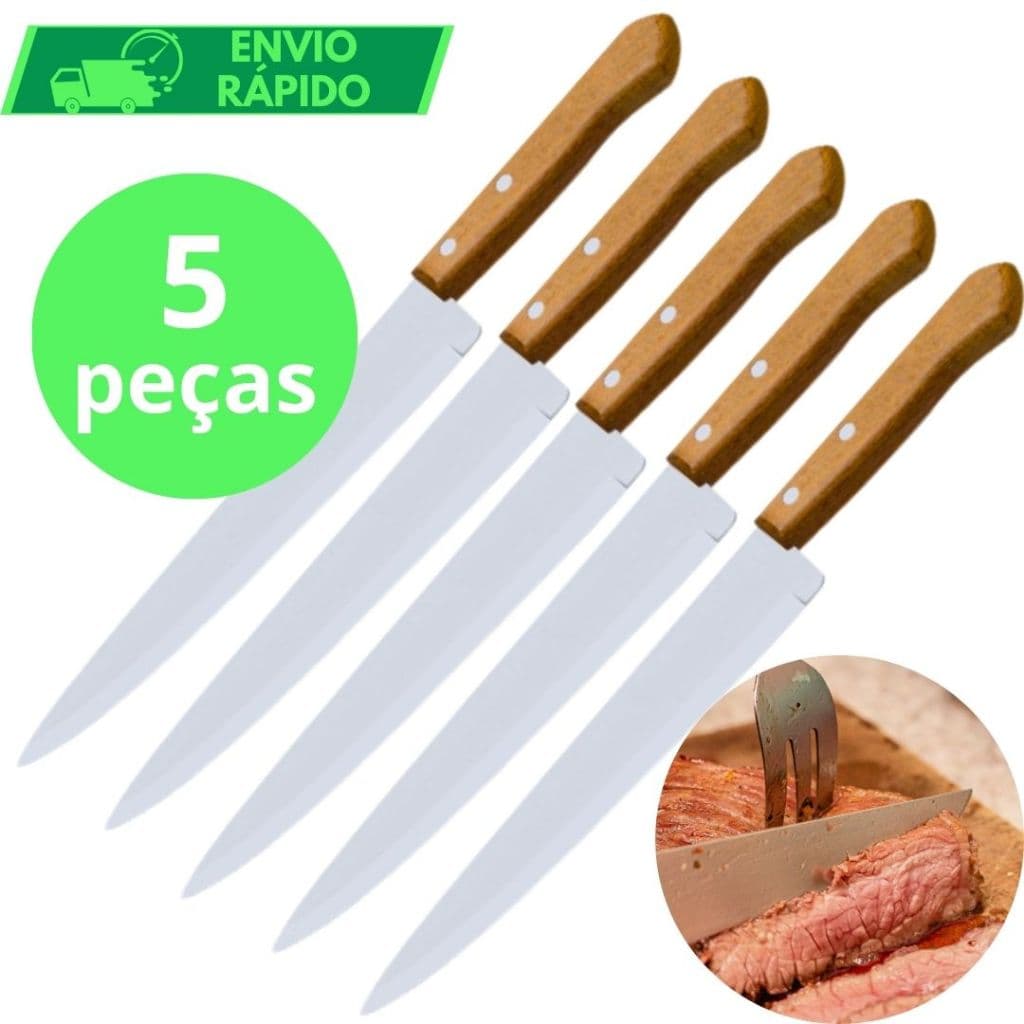 KIT 5 Faca De Cozinha Aço Inox Profissional Afiada Tamanho 5 Do Chef Cabo Madeira Ultra Resistente para Casa Açougue