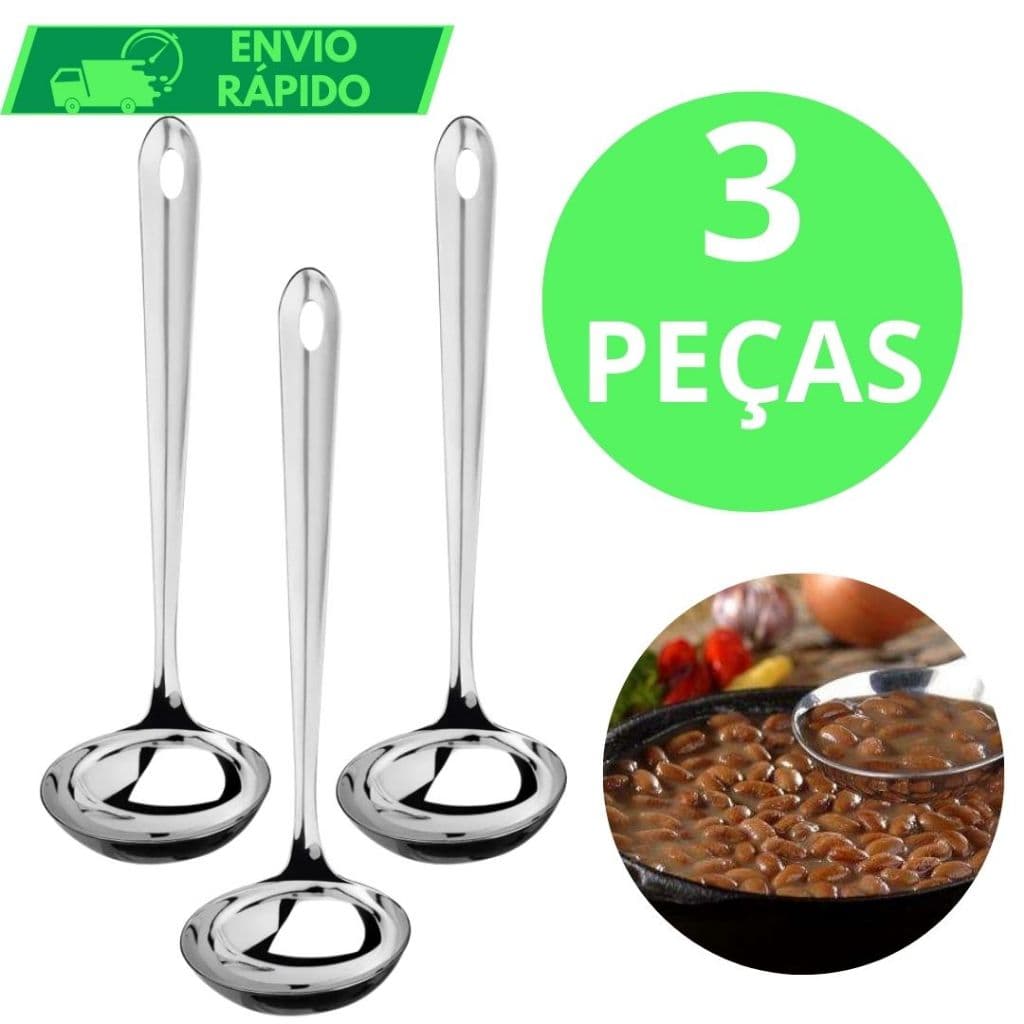 KIT 3 Concha de Feijão 100% Aço Inox GRANDE Ultra Resistente para Servir Molho Feijão Sopa Caldo Casa Restaurante Buffet