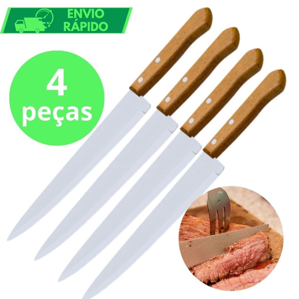 KIT 4 Faca De Cozinha Aço Inox Profissional Afiada Tamanho 5 Do Chef Cabo Madeira Ultra Resistente para Casa Açougue