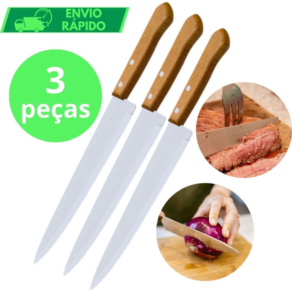 KIT 3 Faca De Cozinha Aço Inox Profissional Afiada Tamanho 5 Do Chef Cabo Madeira Ultra Resistente para Casa Açougue