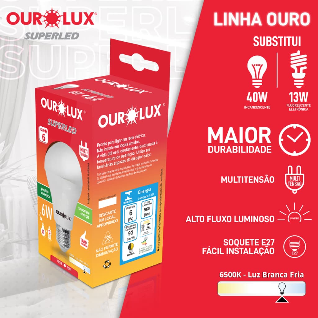 KIT 10 LÂMPADAS  SUPERLED OUROLUX 6W BIV 6500K  20021