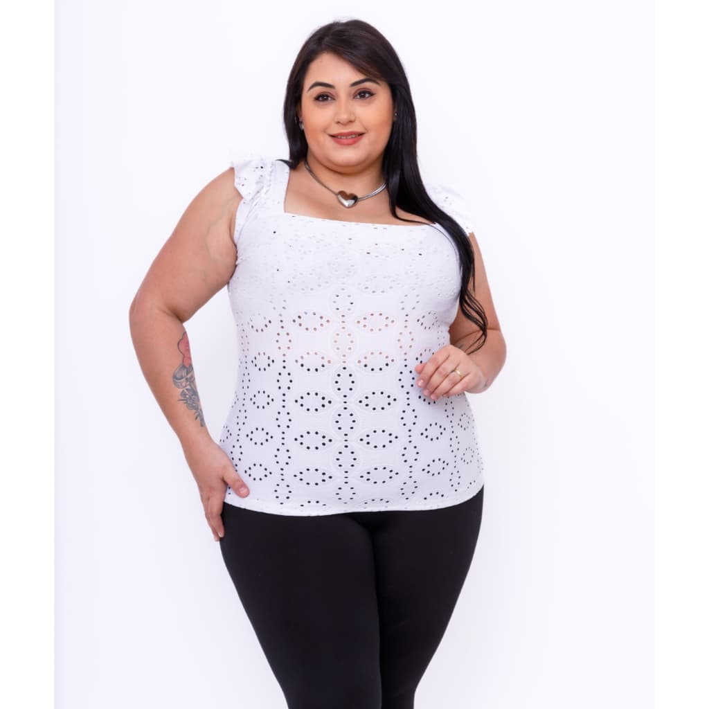 regata plus size com babada na manga malha lese 40013