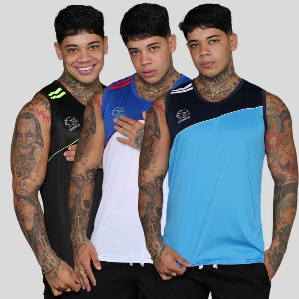 Kit 3 camiseta regata masculina moda academia 100% poliester esports
