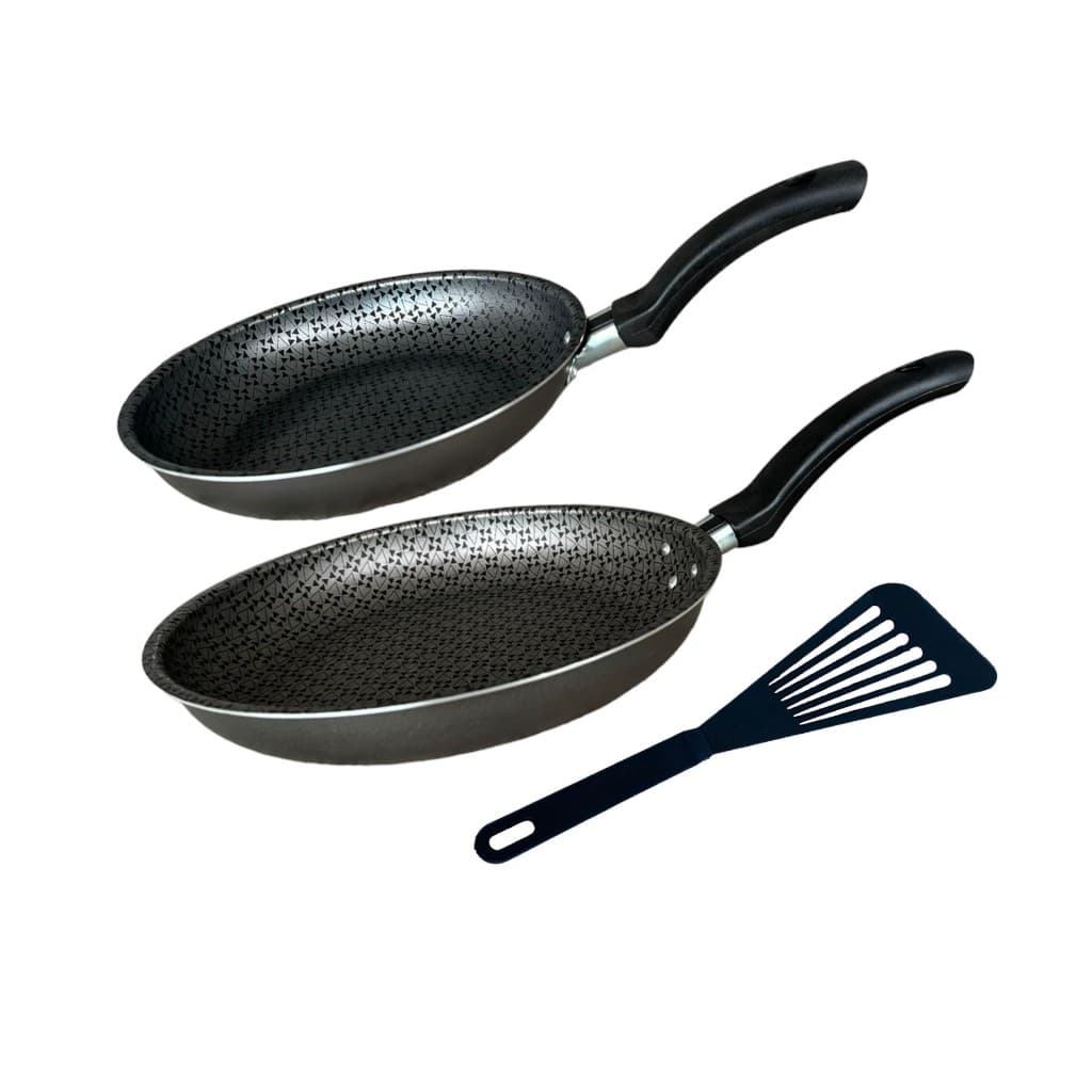 kit Frigideira Francesa N 18 e N 20 Antiaderente Desenhado Frita s/ Óleo Ovo Hamburguer c/ Espátula